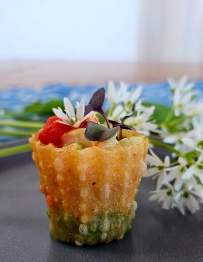 Malaysian favourite canapé, Kuih Pie Tee, elevated with seasonal ingredients found in Switzerland