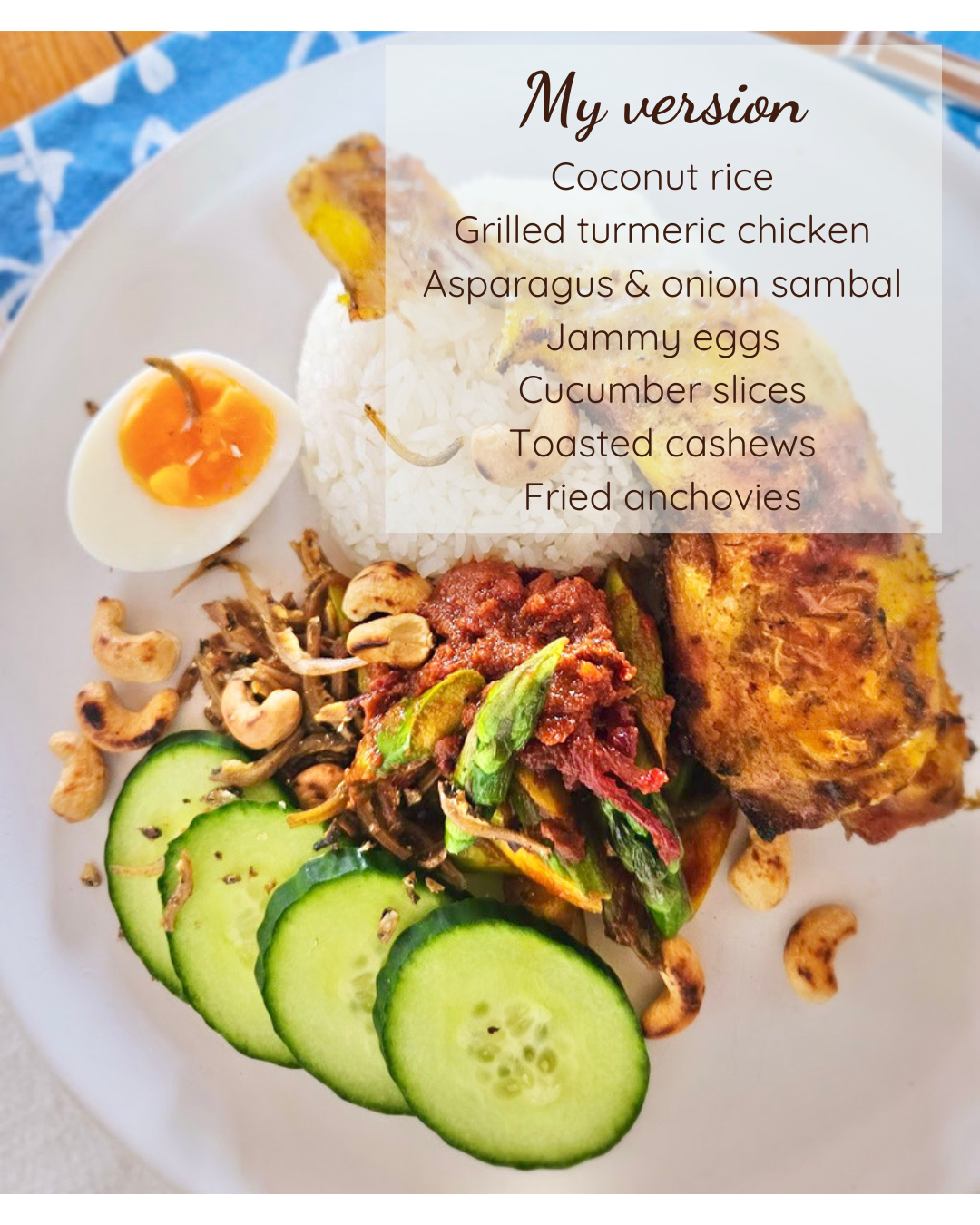 One of our Nasi Lemak versions with grilled turmeric chicken, jammy eggs, and asparagus sambal